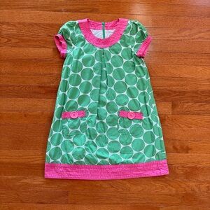 Mini Boden Polka Dot Dress Girls 9-10 Years Green Pink Pockets Short Puff Sleeve